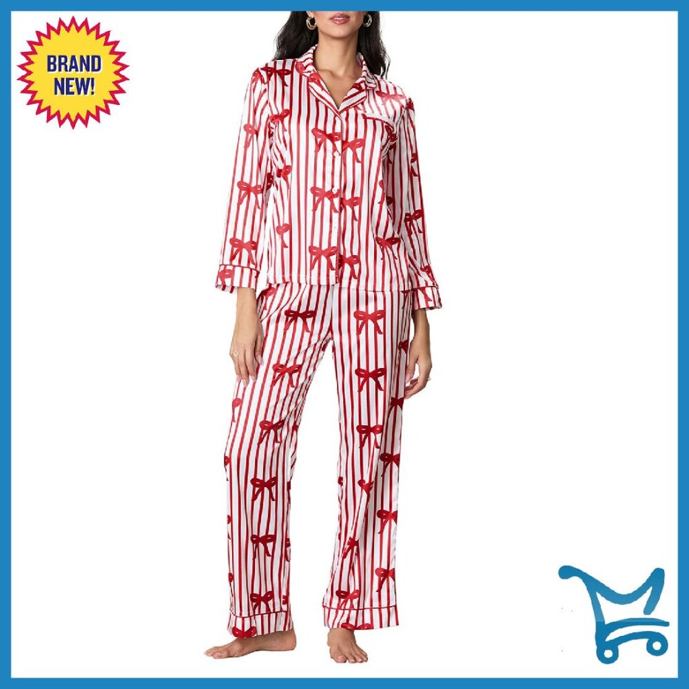 Silk Pajama Set Long Sleeve Button Up Shirt High Waist Pants Sleepwear
